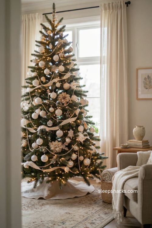 Layered white and ivory Christmas tree with vintage holiday charm 
