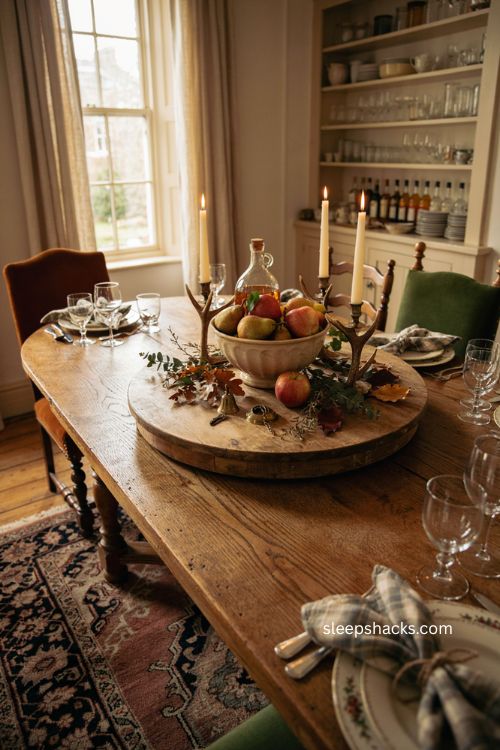 Lazy Susan Thanksgiving centerpiece with fruit candles and Ralph Lauren country house table decor 