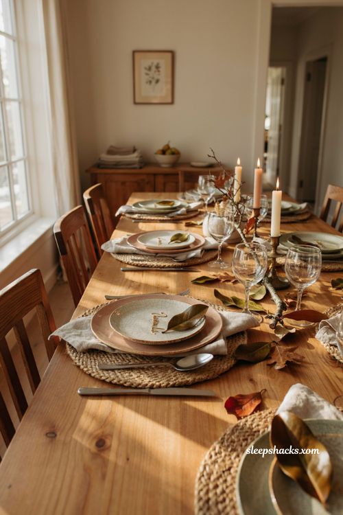 Leaf place cards for cheap Thanksgiving table settings with natural fall decor 