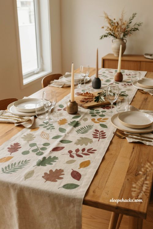 Leaf printed Thanksgiving table runner with linen dinnerware and earthy fall decor