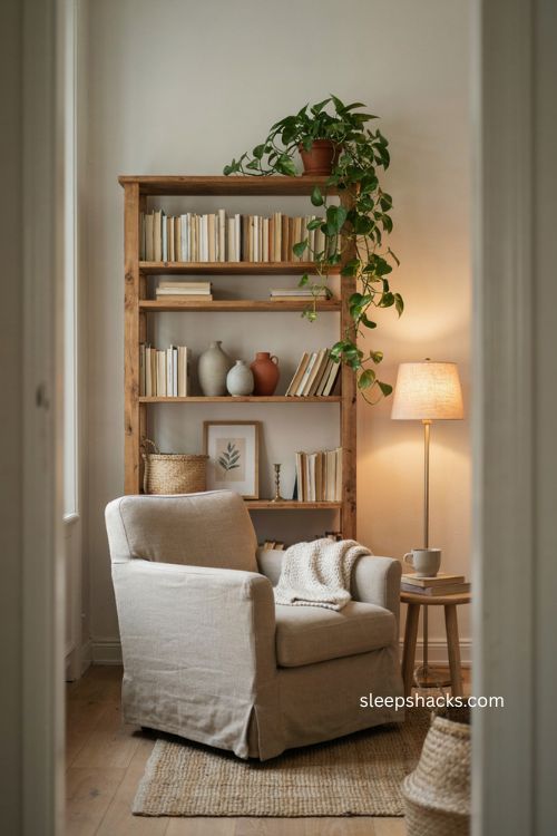 Leafy vines on a bookshelf in a cozy therapy office with natural wood and calming greenery 