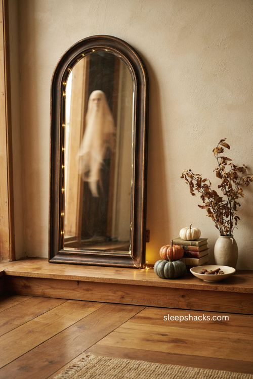 Led hologram ghost mirror with arched frame and cozy eerie Halloween entryway decor