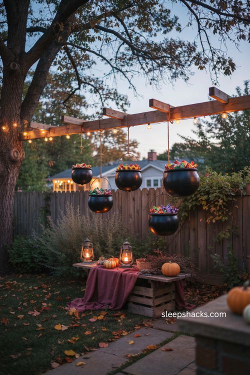 Levitating candy cauldrons for a backyard Halloween party 