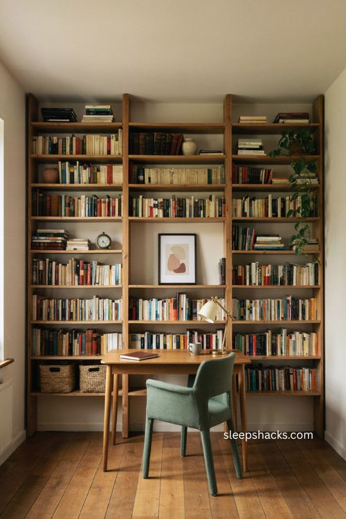 Library wall small office decor ideas with bookshelves behind the desk