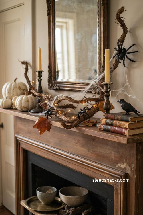 Life size skeleton Halloween decor beside fireplace with cozy vintage chair