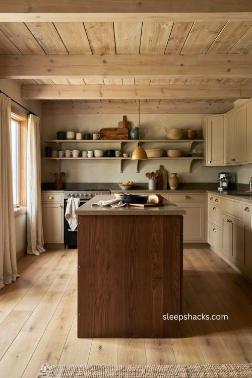 Light and dark wood tones with a stone island in a rustic mountain kitchen 