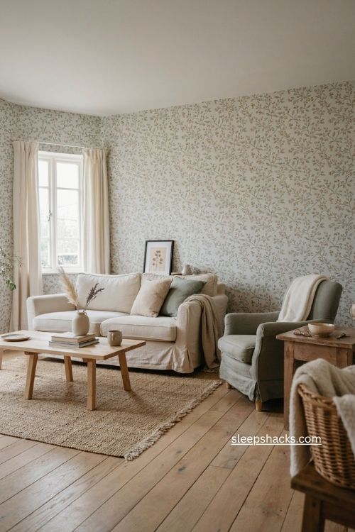 Light green floral wallpaper cottage living room with white and vintage decor