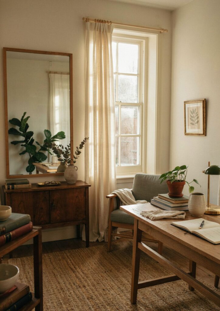 Light reflecting mirror above desk in a small cozy home office