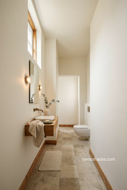 Light soft color ideas for a bright and spacious narrow toilet room 