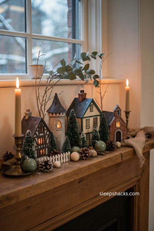 Light up Christmas village houses on a cozy vintage mantel 