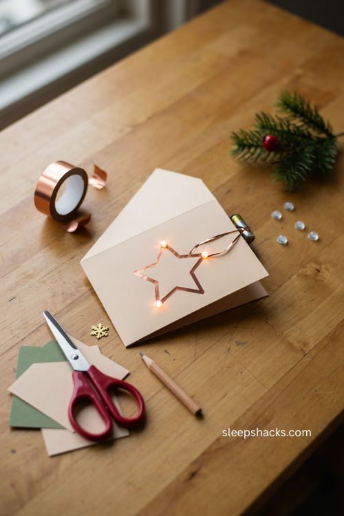 Light up copper tape Christmas card with glowing LED star interactive DIY holiday craft 