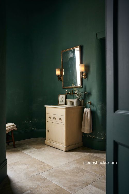 Light vanity moody bathroom with dark walls vintage brass fixtures and cozy balanced design 