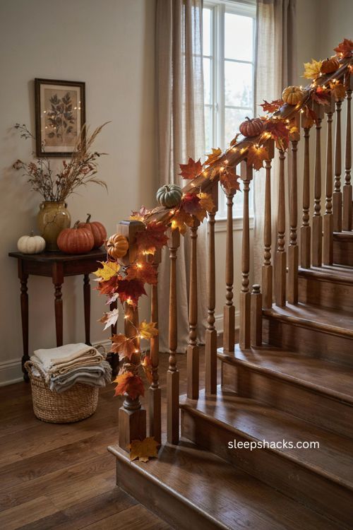 Lighted maple leaf and pumpkin garland glowing on a cozy Thanksgiving staircase railing
