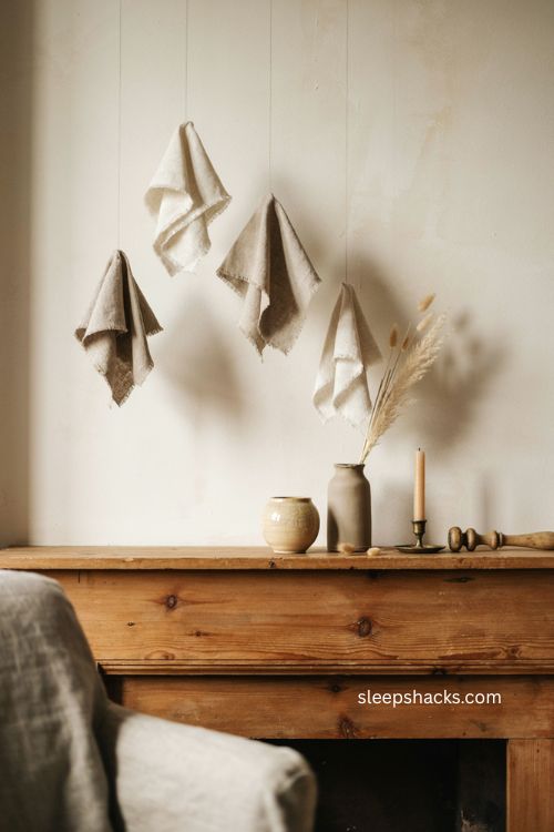 Linen fabric ghosts hanging on mantel for minimalist Halloween decor