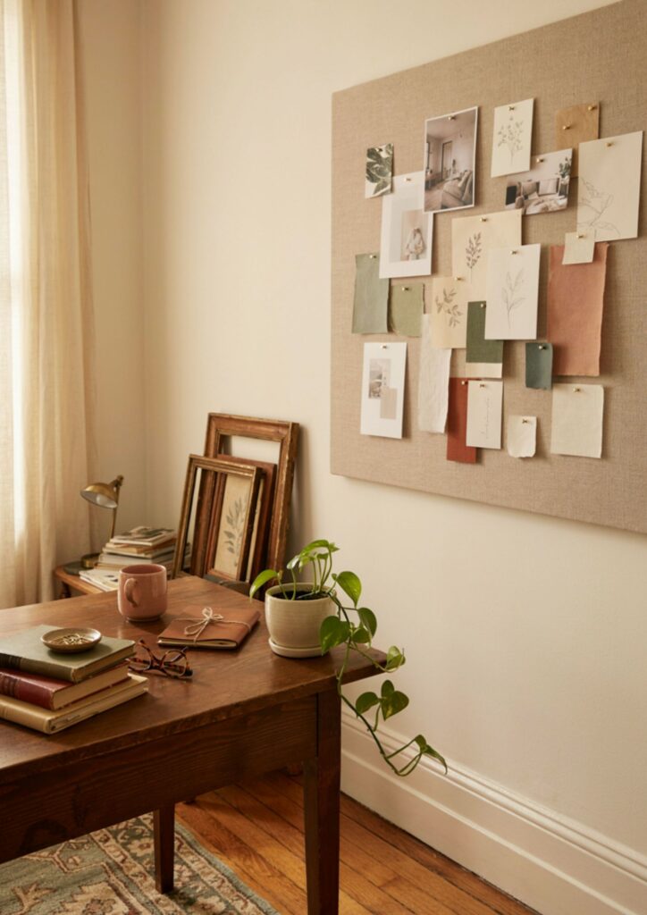Linen wrapped corkboard beside desk in a cozy personalized home office