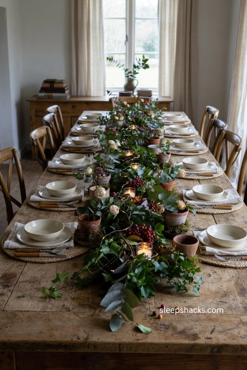 Living Christmas garland table runner with eucalyptus pine berries and lights 