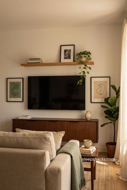 Living room TV wall decor with shelves storage plants and framed art 