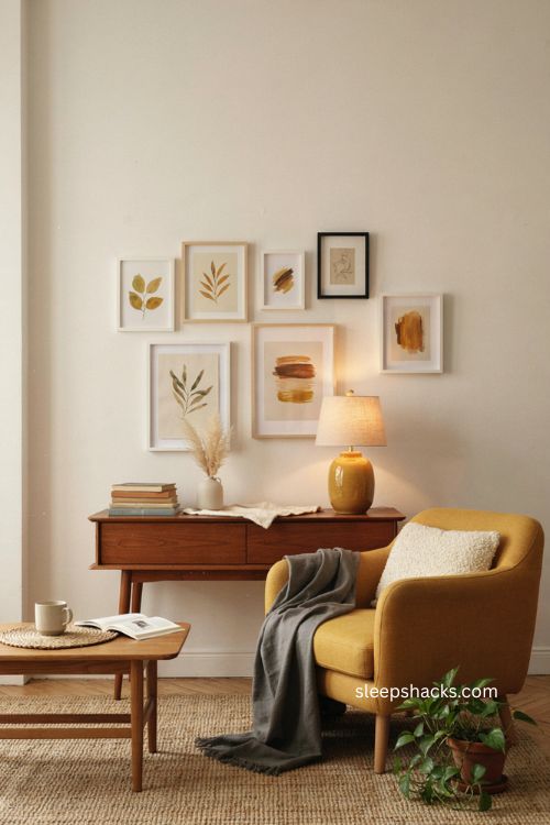 Living room wall art that matches furniture in mustard yellow and warm neutral tones 