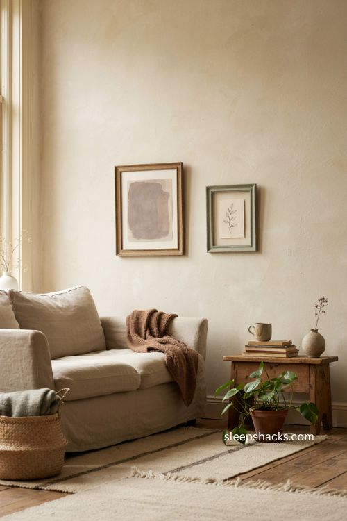 Living room wall decor ideas with simple framed art and calm neutral styling 