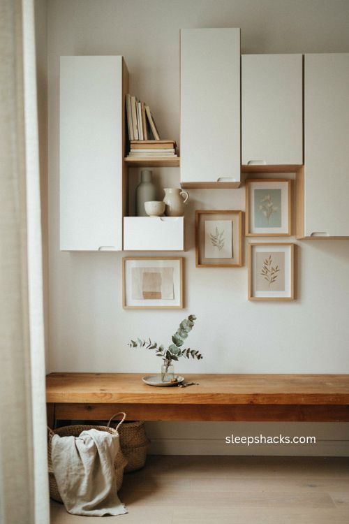 Living room wall decor with cabinets frames and light oak storage 
