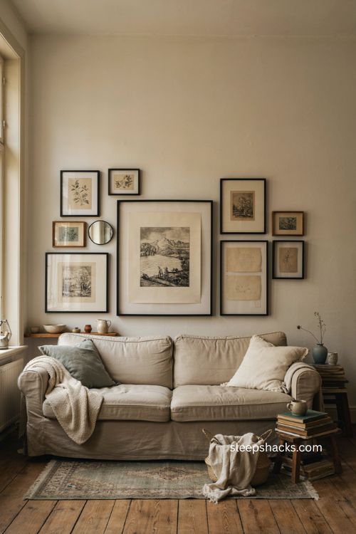 Living room wall decor with layered cabinets frames and light oak storage 