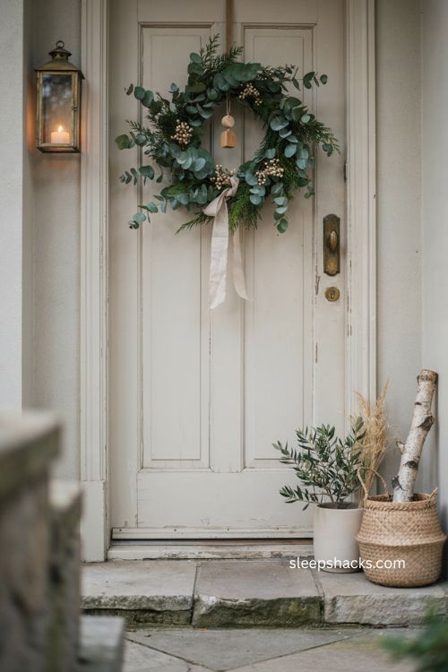Loose eucalyptus Christmas door swag with cedar cream berries and linen ribbon