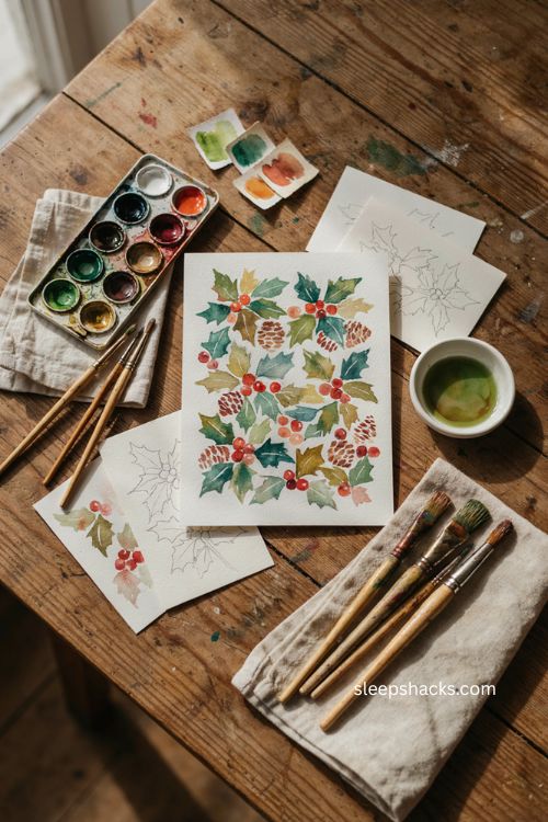 Loose watercolor holly berry and pine Christmas card pattern 