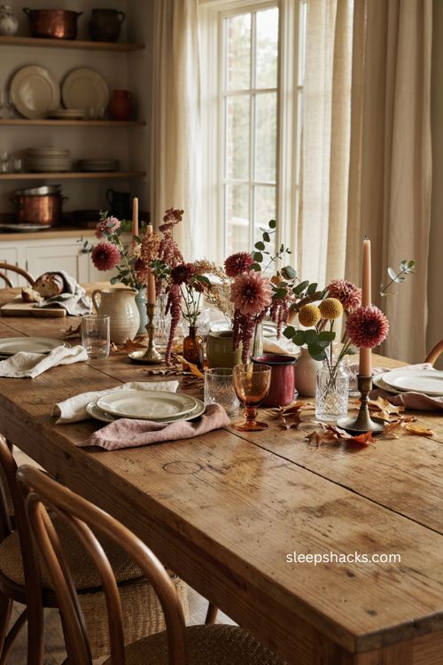 Low Thanksgiving table floral runner with dahlias chrysanthemums and vintage vases 