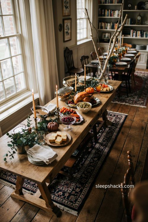 Low greenery Thanksgiving centerpiece with paperwhites birch branches and silver cachepot 