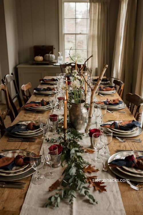 Low greenery Thanksgiving centerpiece with paperwhites birch branches and silver cachepot 