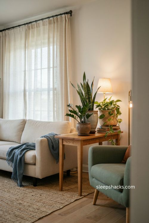 Low maintenance real plants in a calming therapist office with cozy natural decor