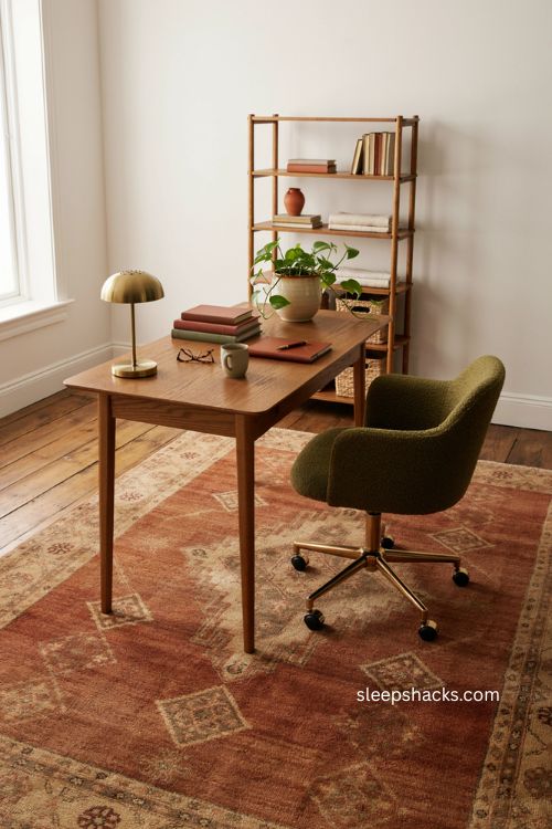 Low pile patterned area rug under desk and rolling chair home office 
