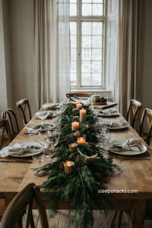 Low profile green Christmas table centerpiece with garland and candles 