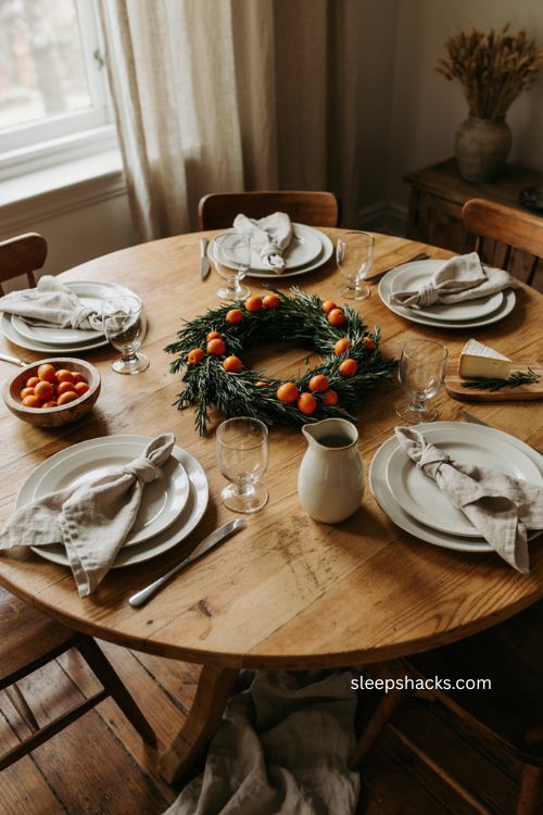 Low round Thanksgiving centerpiece with fresh rosemary and kumquats on a natural wood dining table 