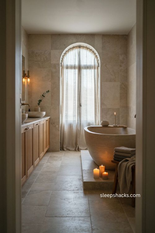 Luxury bathroom retreat with natural stone freestanding tub warm lighting and timeless spa decor 