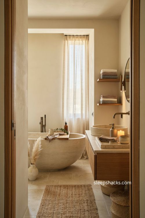 Luxury bathroom vanity styled with stone trays ceramic vessels candles and woven storage 