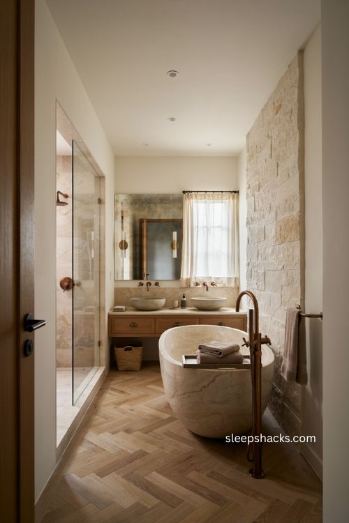 Luxury bathroom with aged bronze premium hardware natural stone and warm wood vanity 