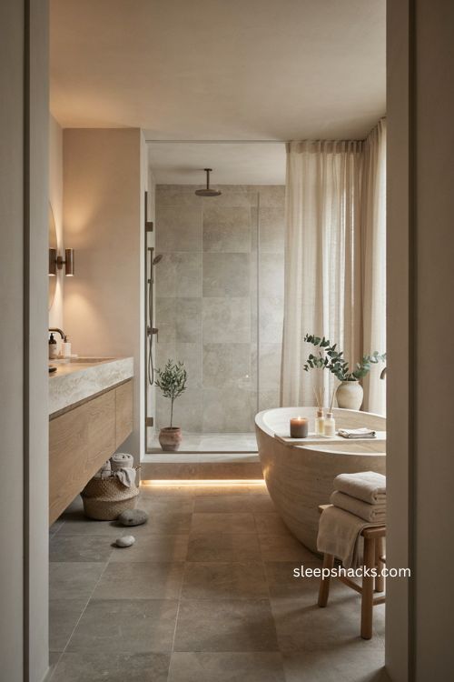 Luxury bathroom with aromatherapy candles eucalyptus natural stone and calming spa details 