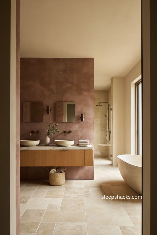 Luxury bathroom with deep clay accent wall soft neutral stone and warm wood vanity 