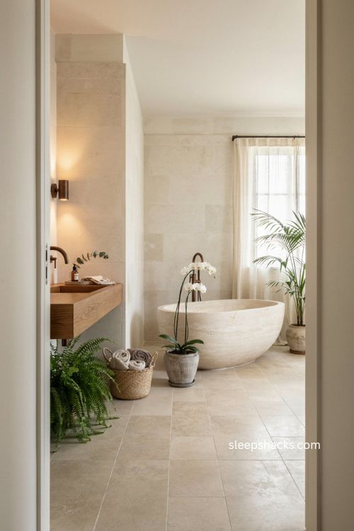 Luxury bathroom with ferns orchid palm greenery natural stone and warm wood accents 