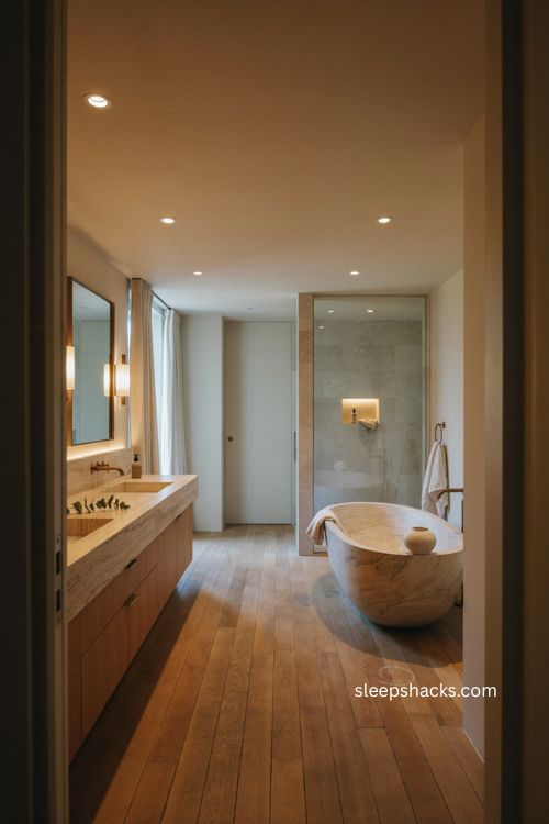 Luxury bathroom with layered ambient vanity and accent lighting for a calming retreat 