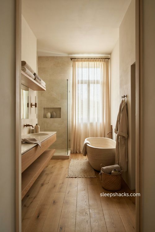 Luxury bathroom with plush neutral towels woven bath mat linen robe and warm natural textures 