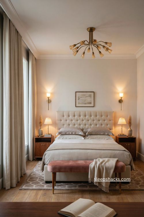 Luxury primary bedroom with statement chandelier layered lighting and hotel style decor 