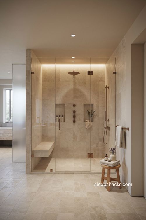 Luxury rainfall shower with body jets and frameless glass spa bathroom 