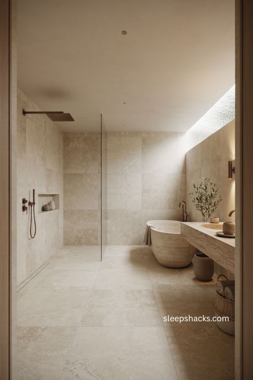 Luxury wet room bathroom with open rainfall shower freestanding tub and natural stone 