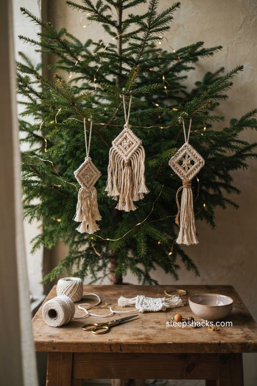 Macrame ornaments diy neutral bohemian Christmas tree decor 