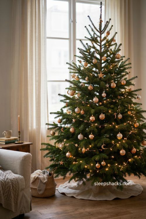 Magical celestial Christmas tree with warm lights stars moons and planets
