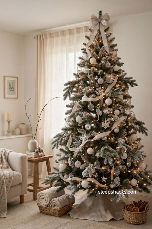 Magical winter wonderland Christmas tree with flocked branches white ornaments silver stars snowflakes and warm lights