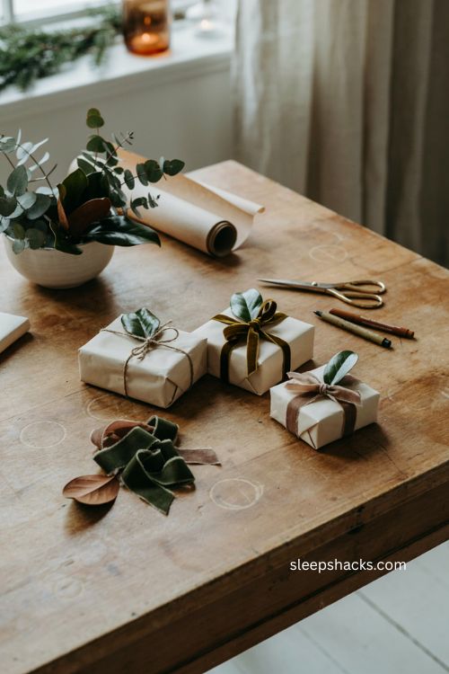 Magnolia leaf Christmas gift tag ideas with elegant white and cream wrapping 