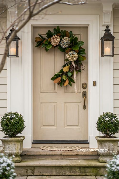 Magnolia leaf and hydrangea Christmas door swag with elegant traditional greenery